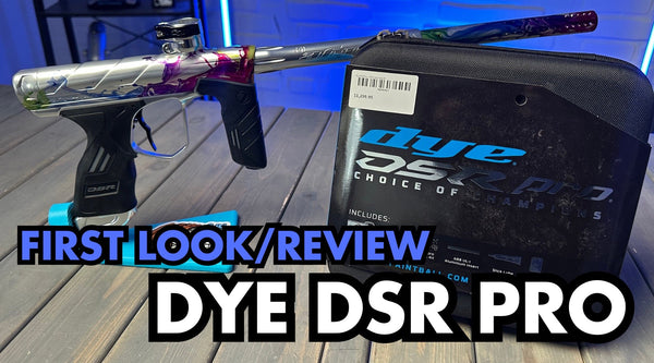 An image of the new Dye DSR Pro paintball marker with the words "First Look/Review."