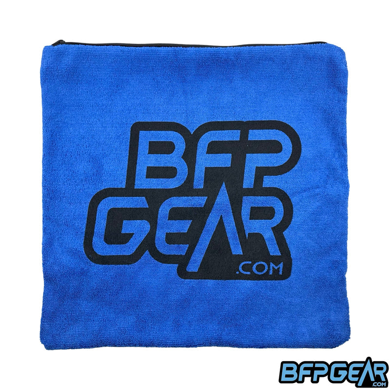 The BFPGear versatile microfiber bag in blue. The BFPGear.com logo is silk screen printed onto the bag.