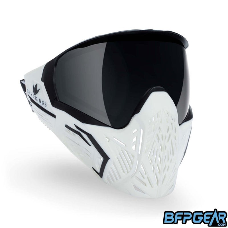 The Bunkerkings CMD goggle in the Shock Trooper color way. White goggle with black accents and a smoke lens.