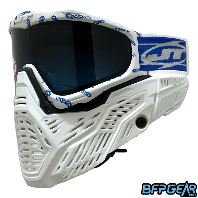 Left facing shot of the RMX Custom Build in the Cobalt Dragon color way. This combines a white RMX lower with the cobalt JT woven strap, our very own Dynasty Frames, and the blue/black gradient lens.