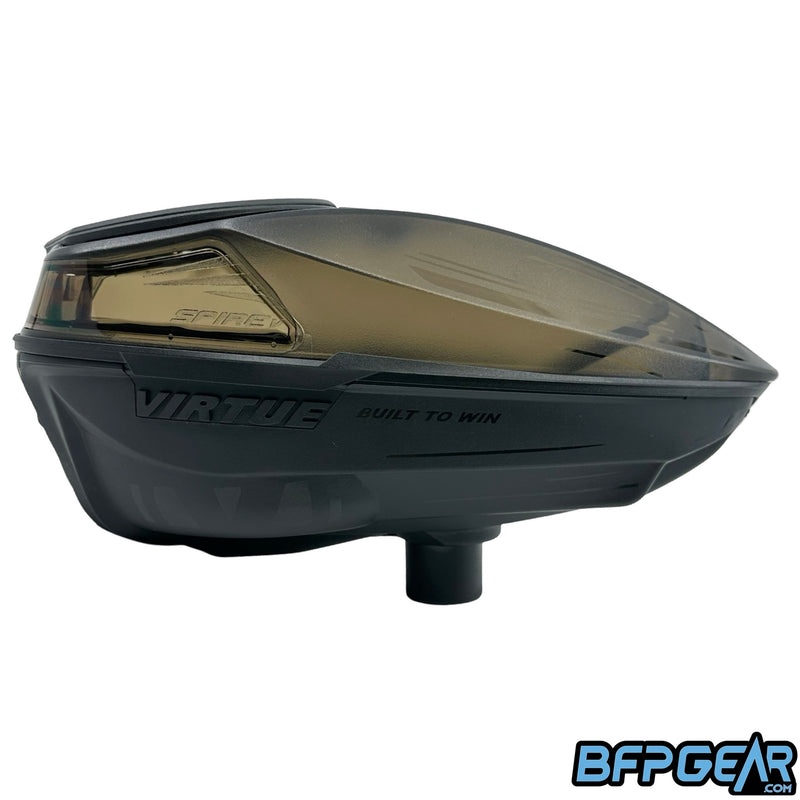 The Virtue Spire V paintball loader in the Dust Smoke Black color way. Black bottom shell with a clear smoke top shell.