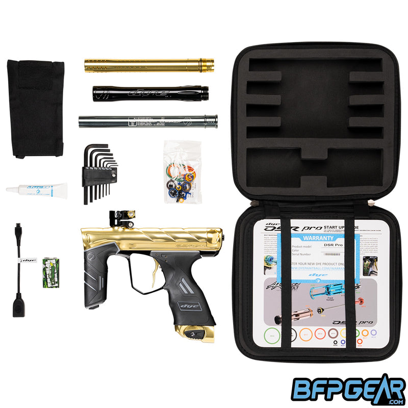 Each Dye DSR Pro comes with a hardshell case, quick start card, warranty card, .688 UL-I insert, UL-I back and front, barrel sock, slick lube, Allen keys, o-ring rebuild kit, 9v battery, and micro-USB update cable.