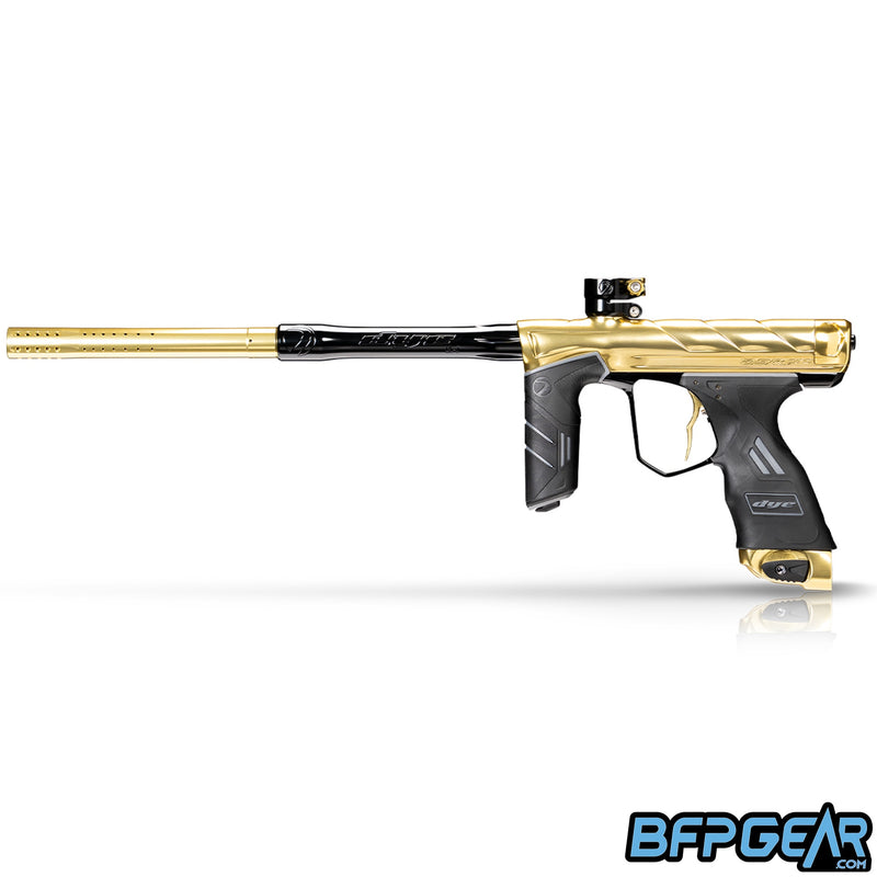 Left side view of the Dye DSR Pro in the 007 Polish color way. This color way is gold with black accents.