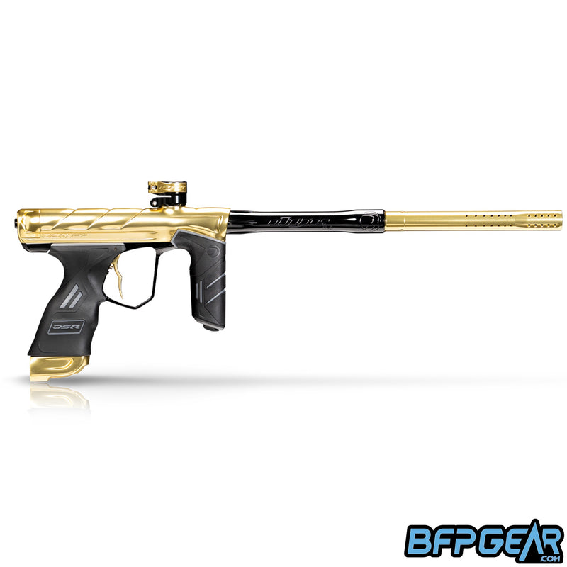 Right side view of the Dye DSR Pro in the 007 Polish color way. This color is gold with black accents.