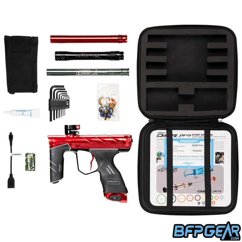 Each Dye DSR Pro comes with a hardshell case, quick start card, warranty card, .688 UL-I insert, UL-I back and front, barrel sock, slick lube, Allen keys, o-ring rebuild kit, 9v battery, and micro-USB update cable.