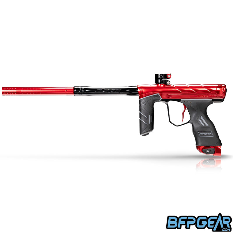 Left side view of the Dye DSR Pro in the Fire Polish color way. This color way is red with black accents.