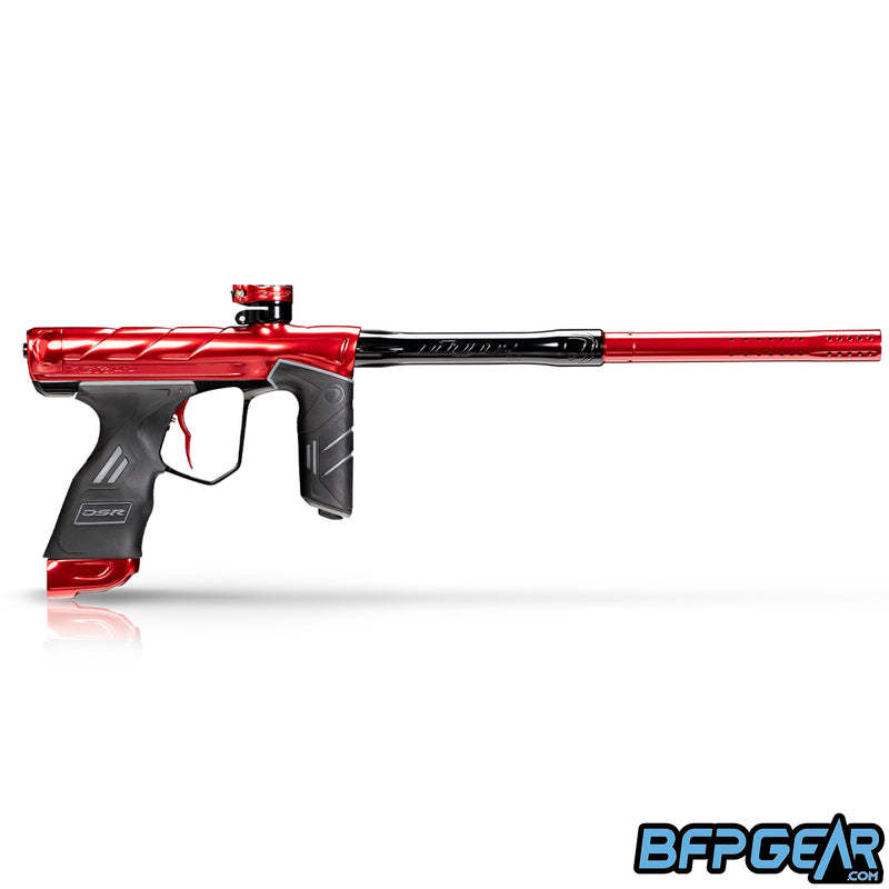 Right side view of the Dye DSR Pro in the Fire Polish color way. This color way is red with black accents.