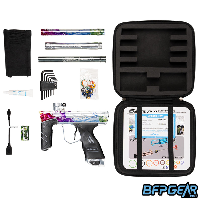 Each Dye DSR Pro comes with a hardshell case, quick start card, warranty card, .688 UL-I insert, UL-I back and front, barrel sock, slick lube, Allen keys, o-ring rebuild kit, 9v battery, and micro-USB update cable.