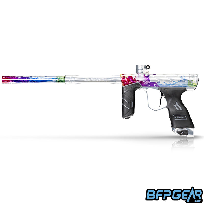 Left side view of the Dye DSR Pro in the PGA Color Splash color way. This color way is silver with rainbow splash along the body and barrel.