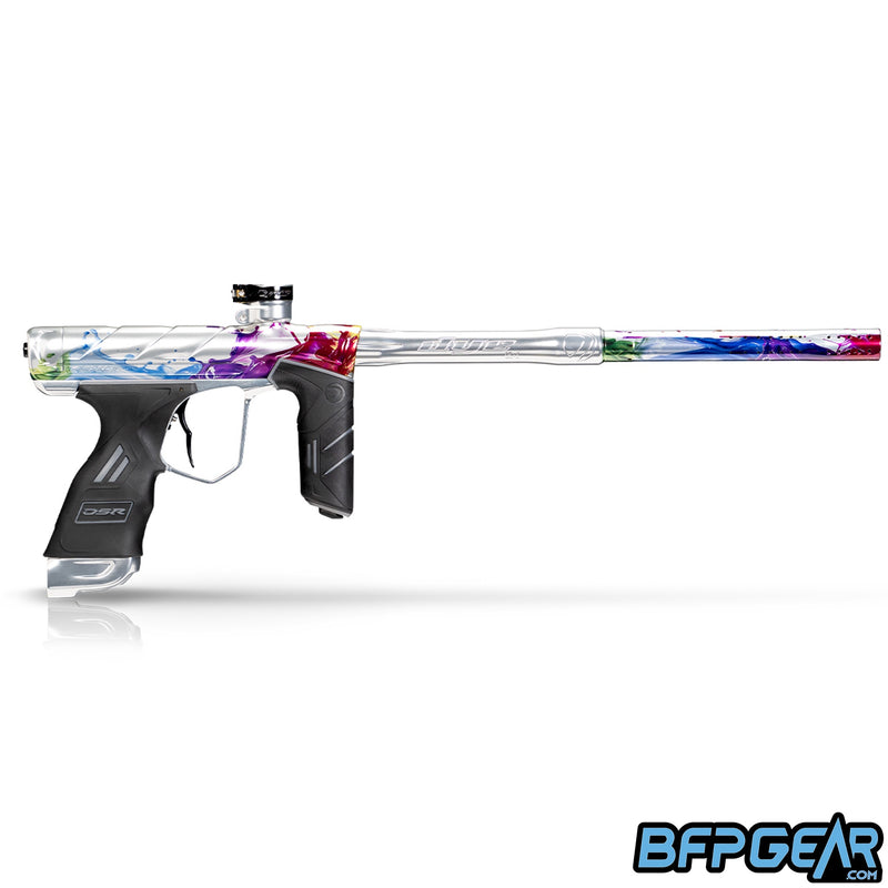 Right side view of the Dye DSR Pro in the PGA Color Splash color way. This color way is silver with rainbow splash along the body and barrel.