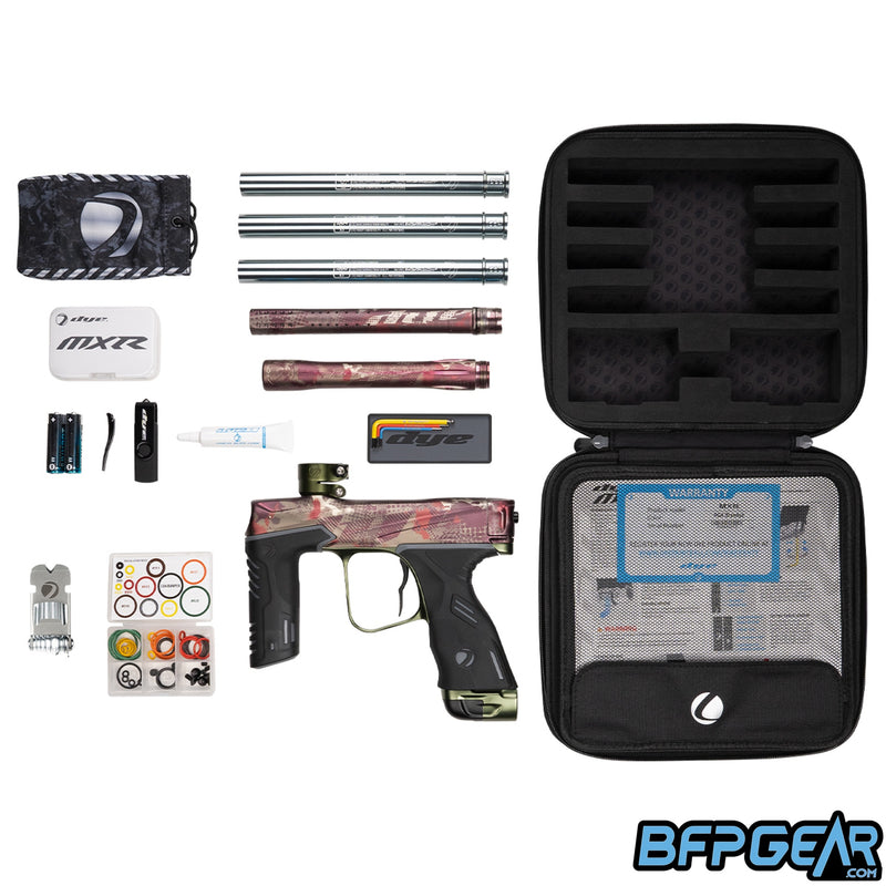 The MXR includes a hardshell case, quick start guide, warranty card, extra o-rings, dye multi-tool, magnetic tray with three color coded Allen keys, slick lube, USB flash drive, extra trigger, batteries (installed), three UL-I inserts, and a barrel sock.