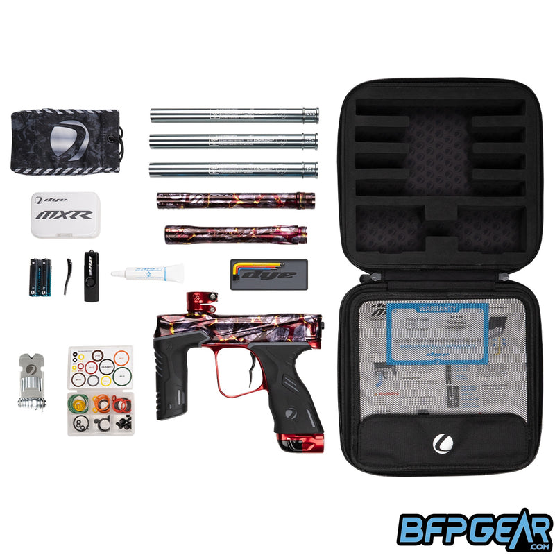 The MXR includes a hardshell case, quick start guide, warranty card, extra o-rings, dye multi-tool, magnetic tray with three color coded Allen keys, slick lube, USB flash drive, extra trigger, batteries (installed), three UL-I inserts, and a barrel sock.