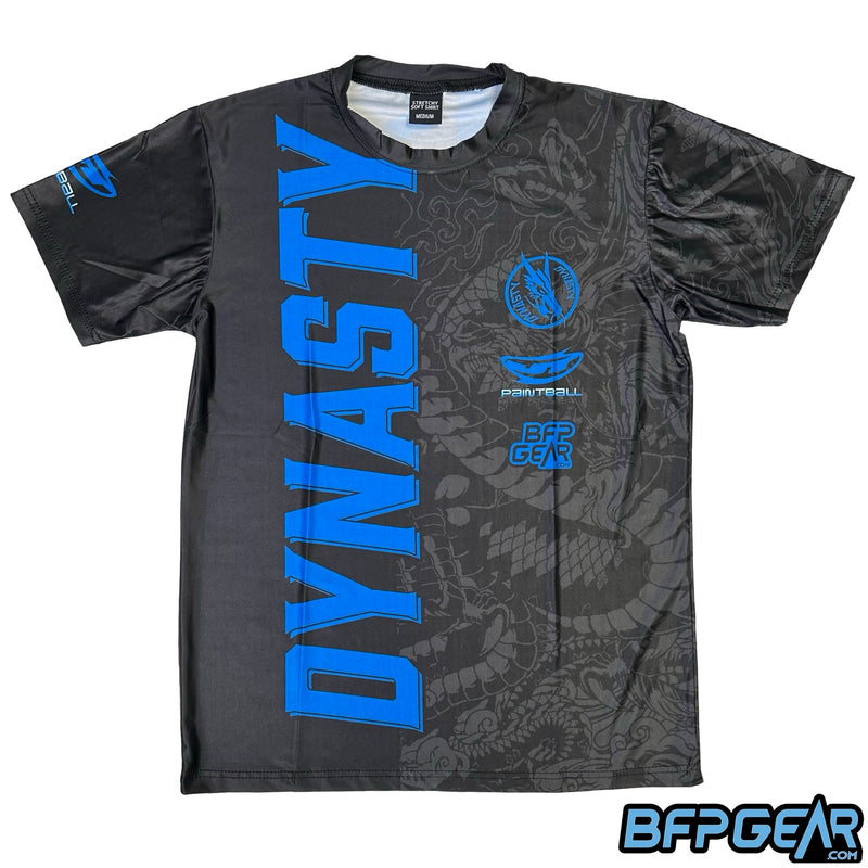 The Dynasty Racing Stripe design on the front of the Stretchy Soft Shirt. DYNASTY goes up the left side in blue, while the right side has the Dragon logo, JT Banana logo, and the BFPGear logo with a dragon design behind it. 