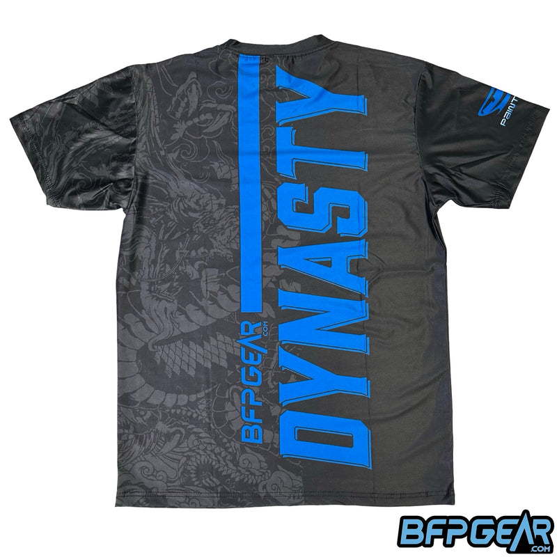 The Dynasty Racing Stripe design on the back of the Stretchy Soft Shirt. DYNASTY goes up the right side in blue, with a stripe and BFPGear above it. The same dragon design from the front is also on the back of the shirt.