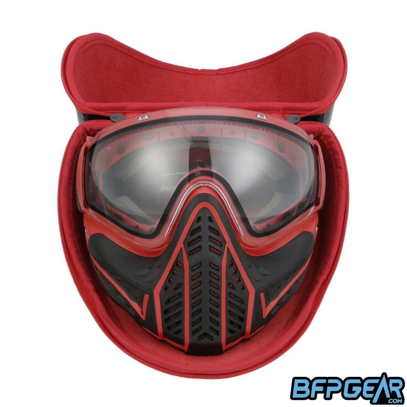 The inside of the Empire goggle Case has red microfiber finish to protect your lens from scratches. This photo shows a Profiler 2.0 inside, meaning you can use almost any paintball mask for this case.