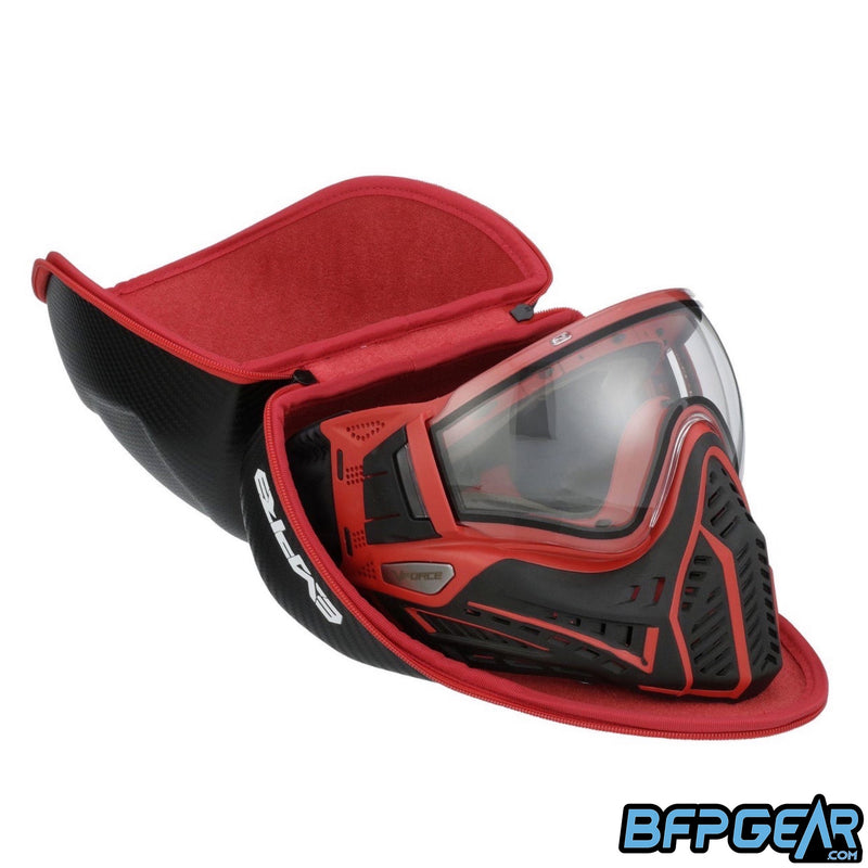 The inside of the Empire goggle Case has red microfiber finish to protect your lens from scratches. This photo shows a Profiler 2.0 inside, facing right, meaning you can use almost any paintball mask for this case.