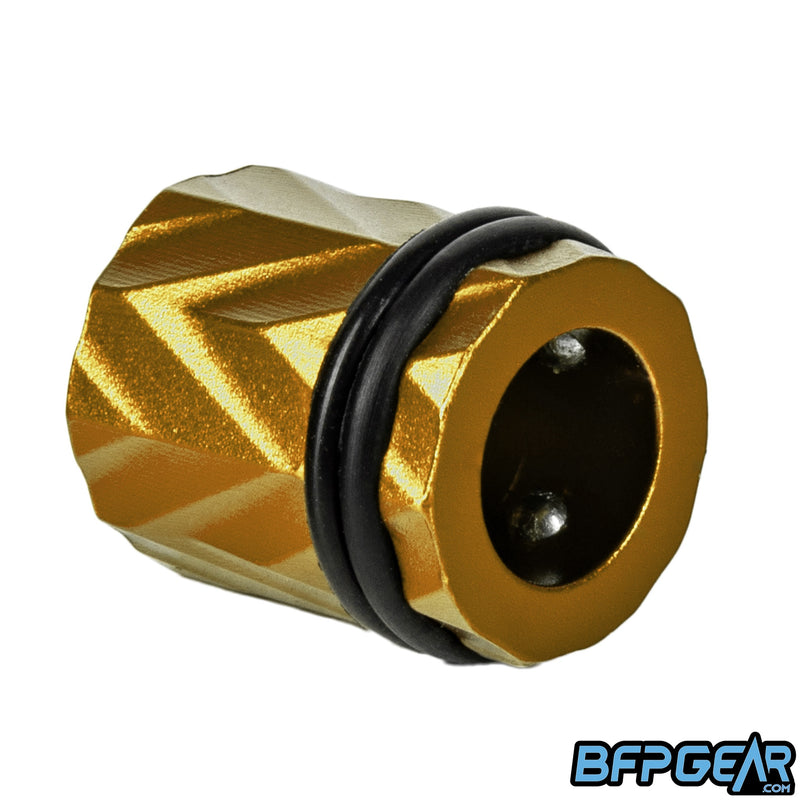 Each fill nipple cover snaps onto a paintball air tank regulator.