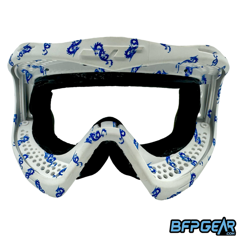 JT x BFPGear.com Dynasty Dragon frames, front facing photo. Each frame is matte white with the blue dragon stamped all over. Pattern and Dragon frequency will vary frame to frame.