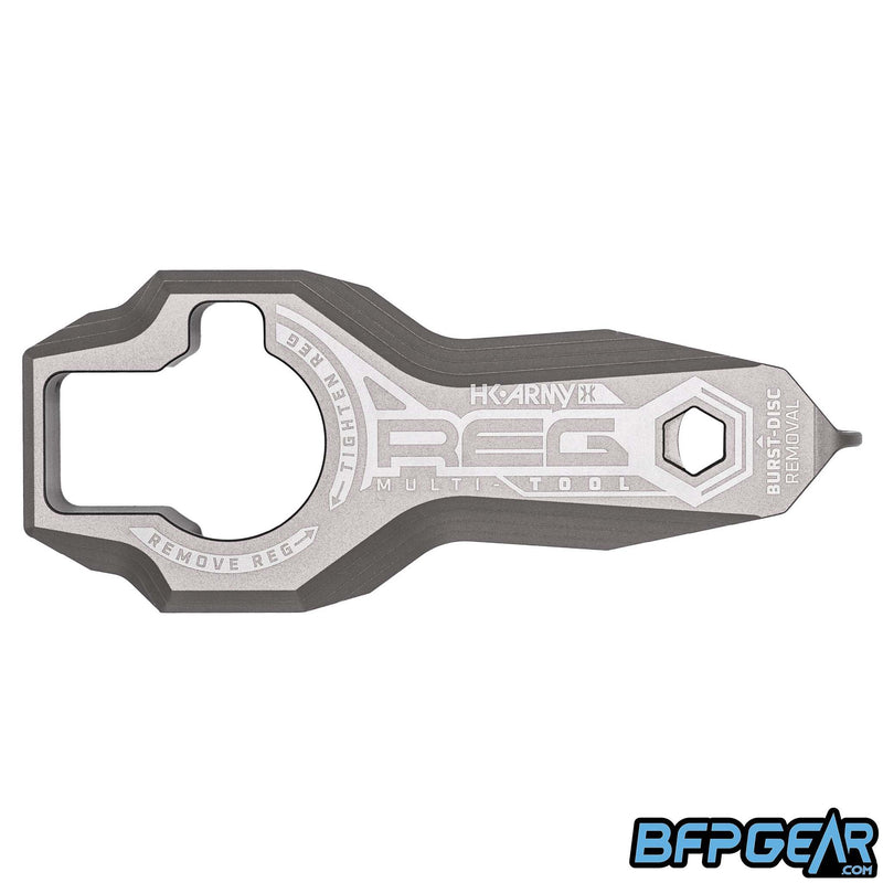 The backside of the HK Army Reg Tool. This shows which direction to go when taking off a regulator or tightening one onto a bottle.