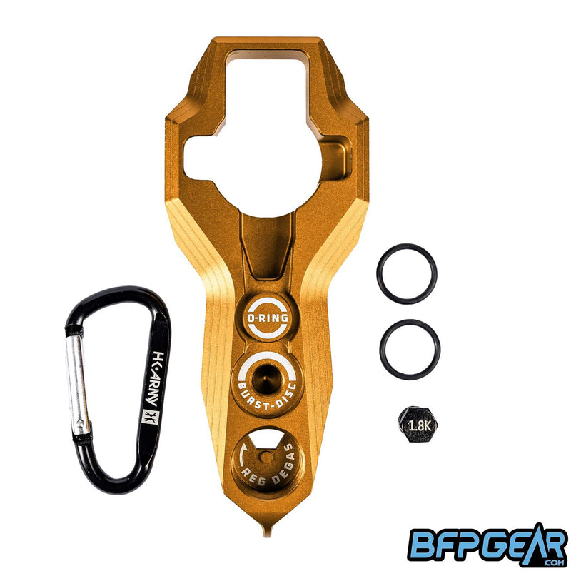 The HK Army Regulator Tool in gold. Comes with extra 1.8k burst disk, two tank o-rings, and a carabiner.