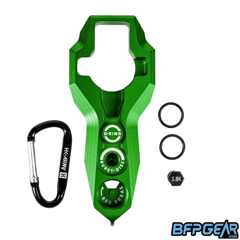 The HK Army Regulator Tool in green. Comes with extra 1.8k burst disk, two tank o-rings, and a carabiner.