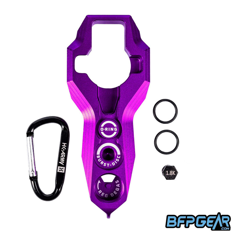 The HK Army Regulator Tool in purple. Comes with extra 1.8k burst disk, two tank o-rings, and a carabiner.