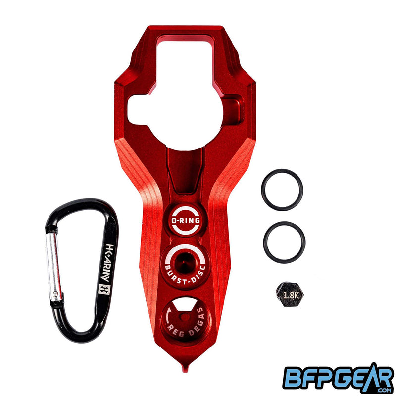 The HK Army Regulator Tool in red. Comes with extra 1.8k burst disk, two tank o-rings, and a carabiner.