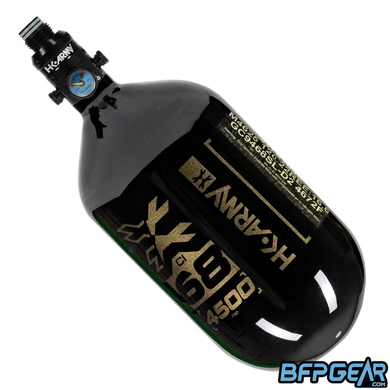 The HK Army 68ci Aerolite Rush tank in black and gold, paired with the Pro Regulator.