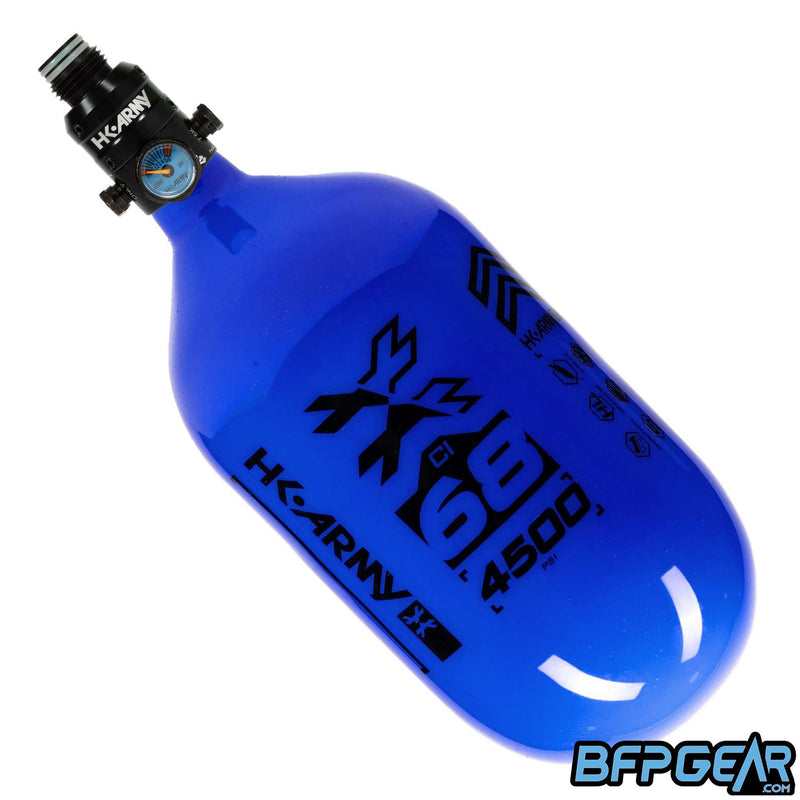 The HK Army 68ci Aerolite Rush tank in blue and black, paired with the Pro Regulator.