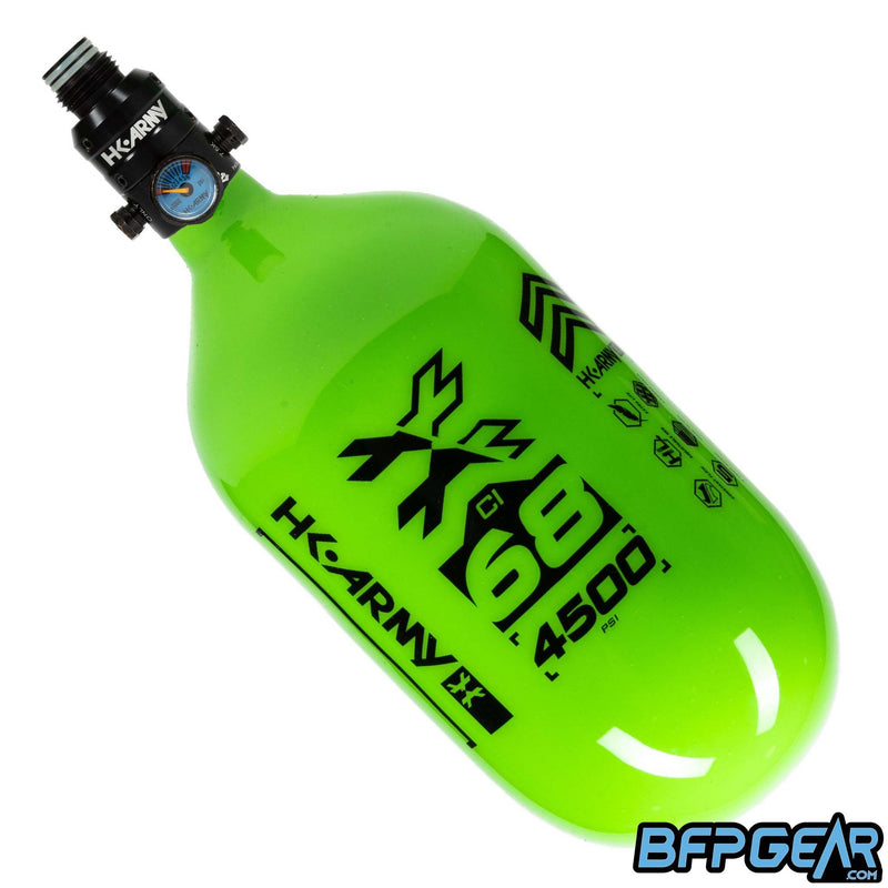 The HK Army 68ci Aerolite Rush tank in neon green and black, paired with the Pro Regulator.