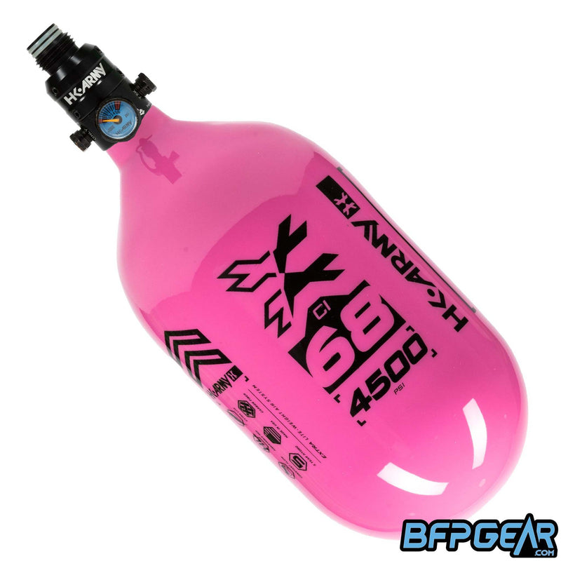 The HK Army 68ci Aerolite Rush tank in pink and black, paired with the Pro Regulator.