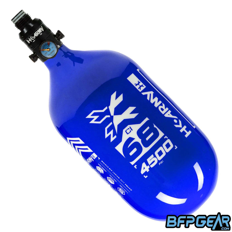 The HK Army 68ci Aerolite Rush tank in blue and white, paired with the Pro Regulator.