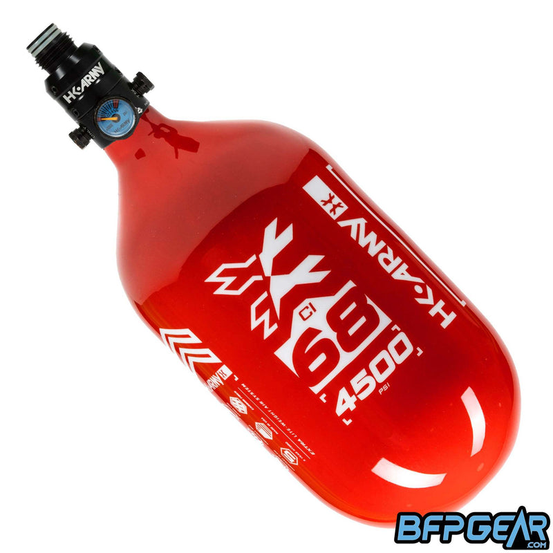 The HK Army 68ci Aerolite Rush tank in red and white, paired with the Pro Regulator.