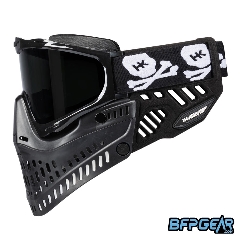 A photo of the Bones White goggle strap installed on a ProFlex goggle system.