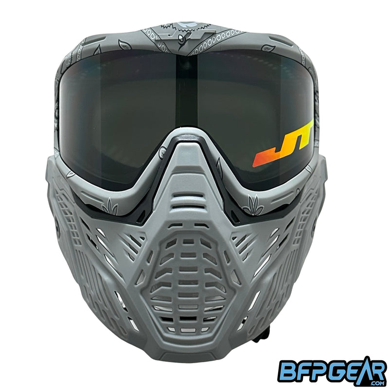 Front facing view of the JT x HK Army RMX build in the Ashen Bandit color way. This shows off the ventilation that is found throughout the goggle system.