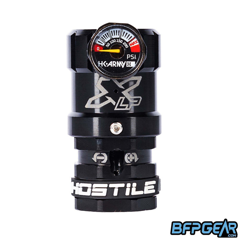 The Hostile XLP Regulator in black - side feed. This regulator helps turn the output pressure down so you can use it for your airsoft HPA setup.