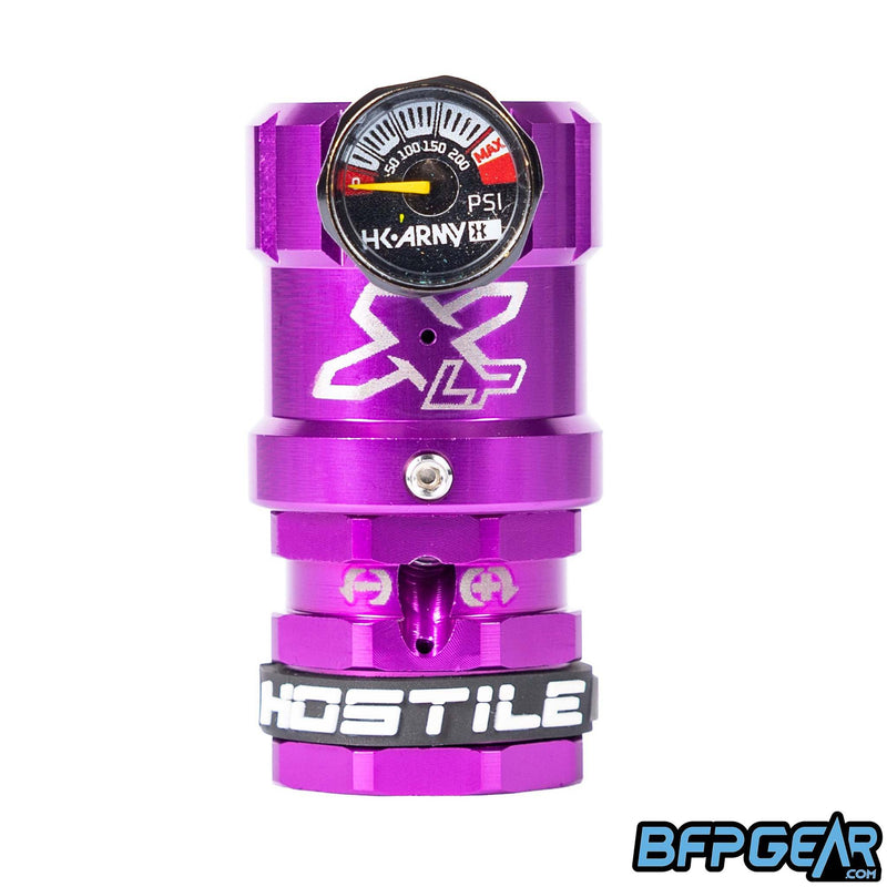 The Hostile XLP Regulator in purple - side feed. This regulator helps turn the output pressure down so you can use it for your airsoft HPA setup.