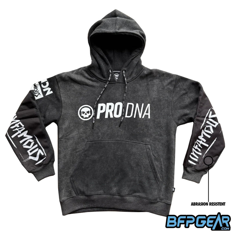 The front of the Infamous PRO DNA Heavyweight playing hoodie. The forearms are abrasion resistant, allowing the wearer to slide and dive without ripping or tearing the arms. The PRO DNA logo is on the front, and the abrasion resistant arms have the Infamous logo on them.