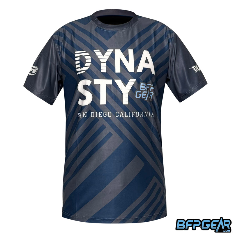 The front of the DYNA-STY shirt from BFPGear. Navy blue and grey is striped all over.