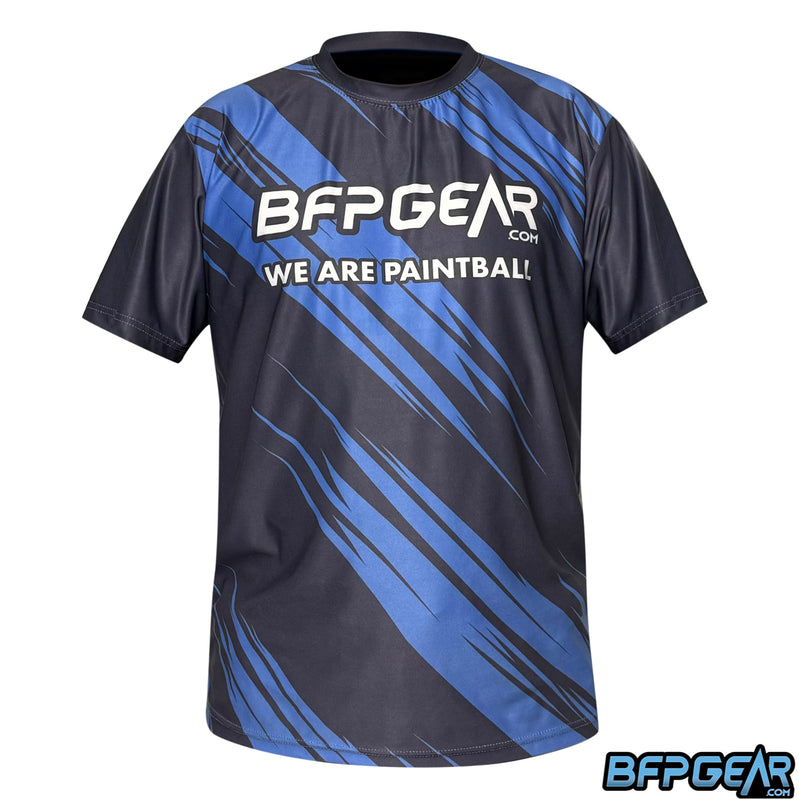 The We Are Paintball shirt from BFPGear. This shirt has navy blue and light blue across it in a slashing pattern. The front has the BFPGear logo and says WE ARE PAINTBALL. Because it's true.