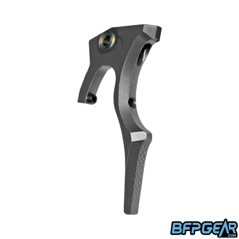 The Luxe IDOL Haptic Deuce trigger by Infamous Paintball. Color way is gun metal gray.