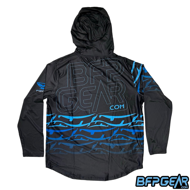 The back of the Neon Dynasty dri-fit hoodie. Instead of the Dynasty logo on the back, it's the BFPGear.com logo thinly outline in light blue. The same JT banana logos are on this side with the same fade pattern.