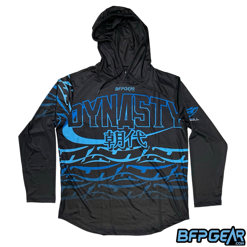 The front of the Neon Dynasty dri-fit hoodie. The Dynasty logo is above the JT Banana logos and is just an outline, like a neon sign. The banana logos start at a light blue and fade to a darker blue.