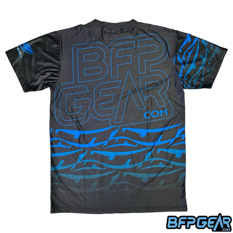 The back of the Neon Dynasty stretchy soft shirt. The BFPGear logo is all over the back in a similar design to a neon sign. The JT Banana logos are here, with the blue fade going to the bottom of the shirt.