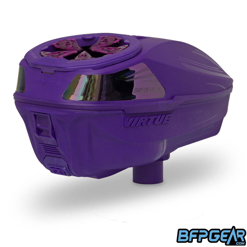 Angled back view of the purple Spire V. Shows the speedfeed, back button and power button.