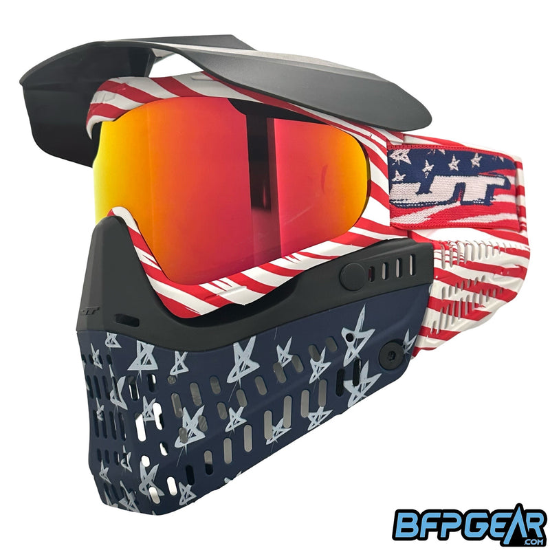 The Team USA JT ProFlex. Limited edition ProFlex for Team USA. Comes with a red and white striped goggle frame and ears, exclusive woven strap, red chromatic lens, and stars faceplate.