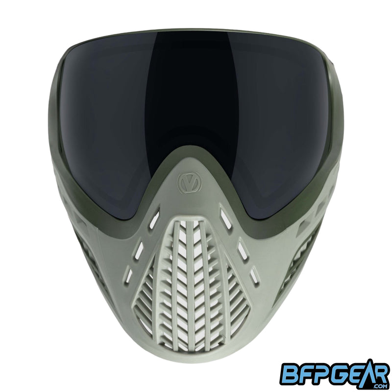 The Vio Ascend SE FGG Dark Olive facing the front. This shows off the ventilation you get in front of the mouth.