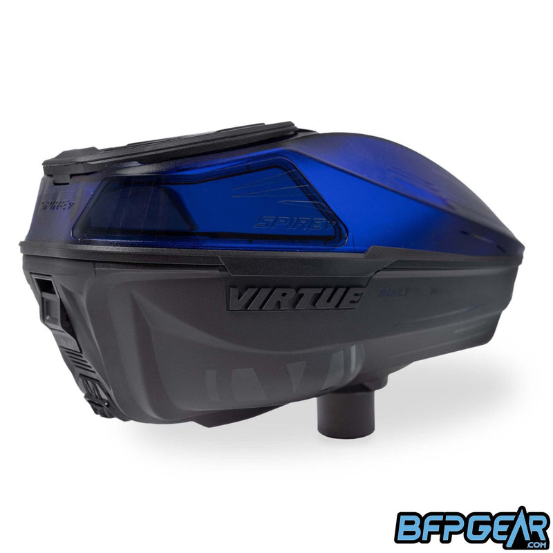 An angled view of the Crystal Blue Spire V paintball loader. This shows the button to open the loader up, as well as the power button located below.