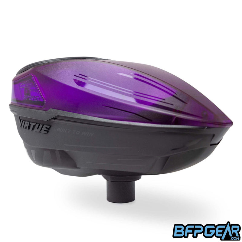 The front of the Spire V in Crystal purple. This view shows off the sleek angles that encourage bounces with this paintball loader.