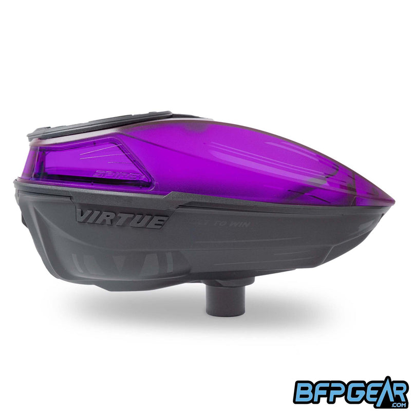 The limited edition Crystal Purple Spire V from Virtue Paintball. Transparent purple top shell with a black bottom shell, the top shell allows you to see how many paintballs are inside.